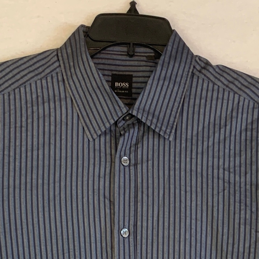 Hugo Boss Dress Shirt‎ Men's Large Blue Gray Regular Fit Button Up Cotton